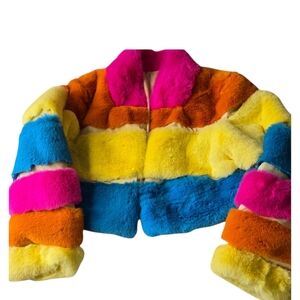 LORAGAL Size XL Colorblock Faux Fur Open Front Crop Jacket